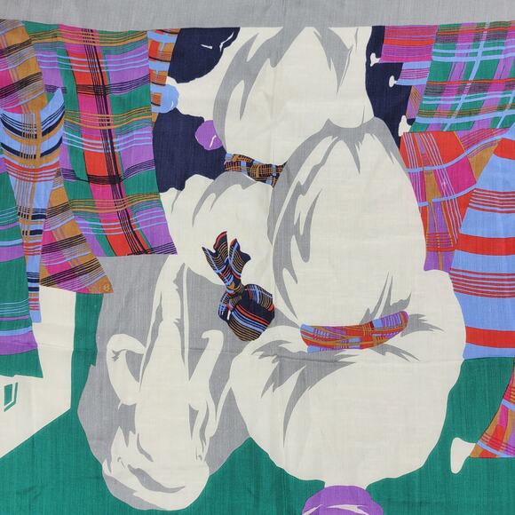 VTG Daniel Hechter Silk Scarf 30" Square Green Plaid Elephant Hand Rolled - Picture 12 of 16
